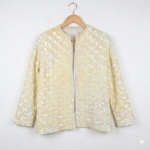 Vtg Butter Yellow Beaded Lambswool Cardigan Sweater 60s Retro Glam Art Deco 44 L